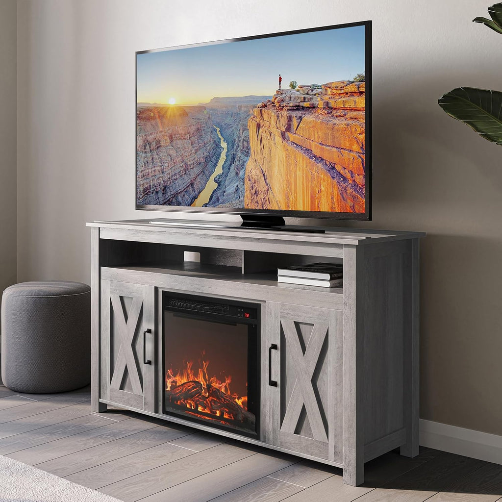 BELLEZE Modern 48' Barn Door Wood TV Stand with 18' Electric Fireplace Heater & Media Entertainment Center Console Table for TV up to 50' with Two Open Shelves and Cabinets - Corin (Grey Wash)
