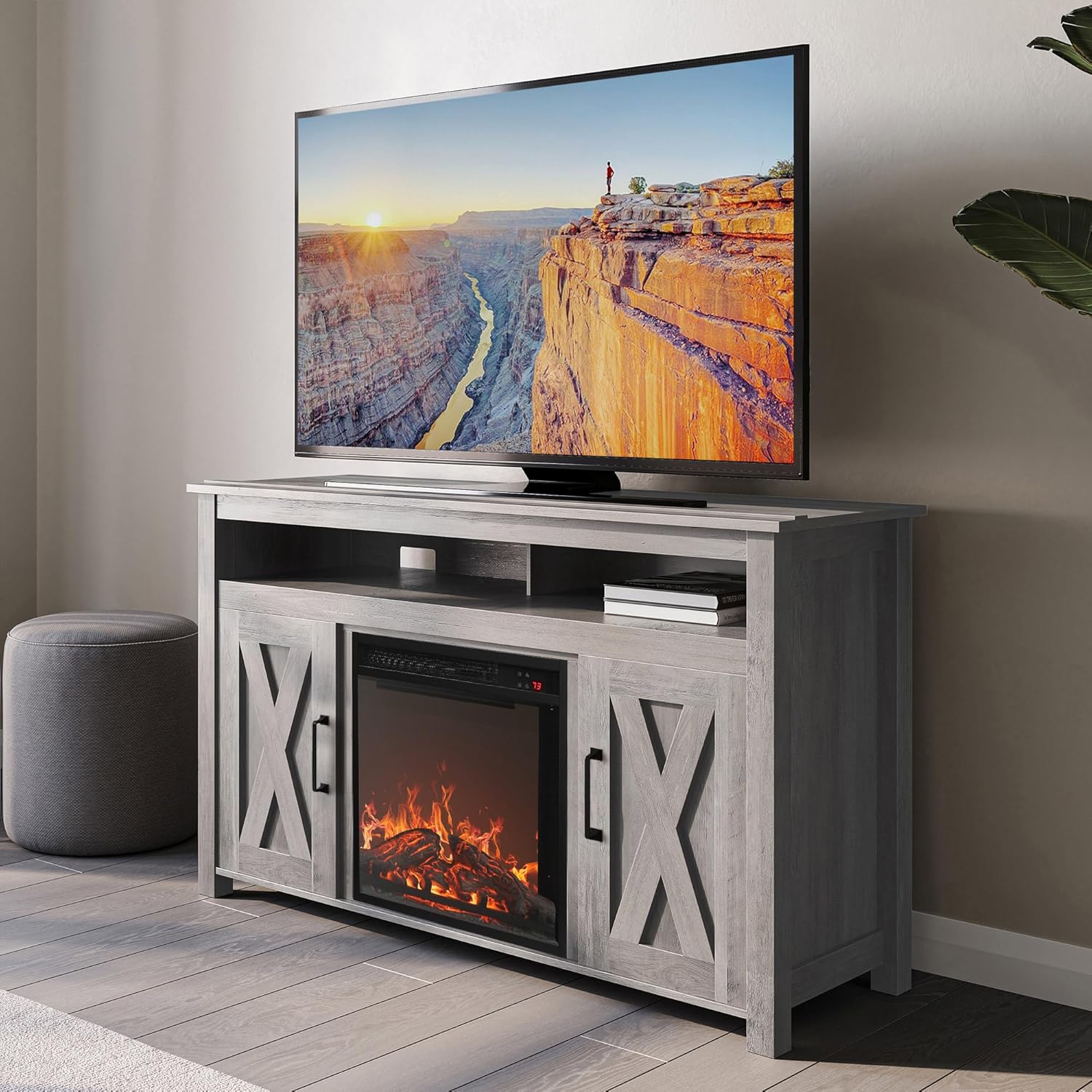 BELLEZE Modern 48' Barn Door Wood TV Stand with 18' Electric Fireplace Heater & Media Entertainment Center Console Table for TV up to 50' with Two Open Shelves and Cabinets - Corin (Grey Wash)