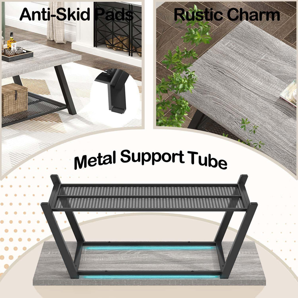 FOLUBAN Industrial Coffee Tables for Living Room with Storage, Rustic Wood and Metal Coffee Table, Modern Rectangle Center Cocktail Tea Table, Light Grey, 47 Inch