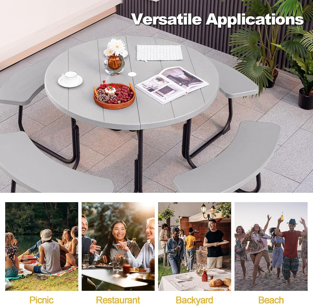 Tangkula 8 Person Picnic Table, Outdoor Round Picnic Table with 4 Built-in Benches, Umbrella Hole, Metal Frame & HDPE Tabletop, Outside Table and Bench Set for Backyard, 2300lbs Weight Capacity