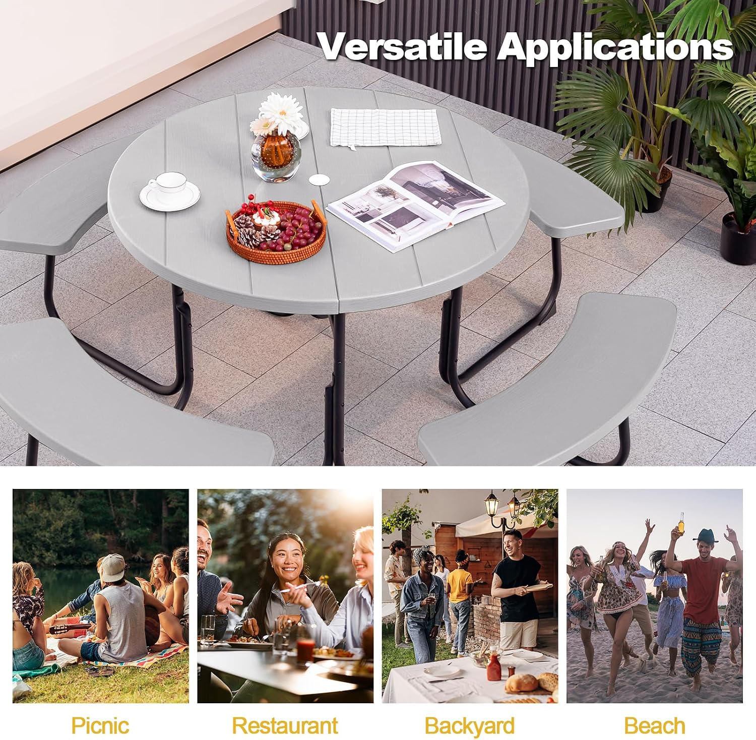 Tangkula 8 Person Picnic Table, Outdoor Round Picnic Table with 4 Built-in Benches, Umbrella Hole, Metal Frame & HDPE Tabletop, Outside Table and Bench Set for Backyard, 2300lbs Weight Capacity