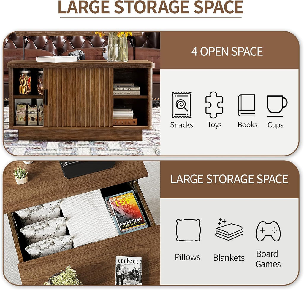 Lift Top Coffee Table with Storage, 31.5' Fluted Square Coffee Tables for Living Room, Home Office, Large Hidden Storage Compartment, Adjustable Shelves & Sliding Door (Walnut, Square)