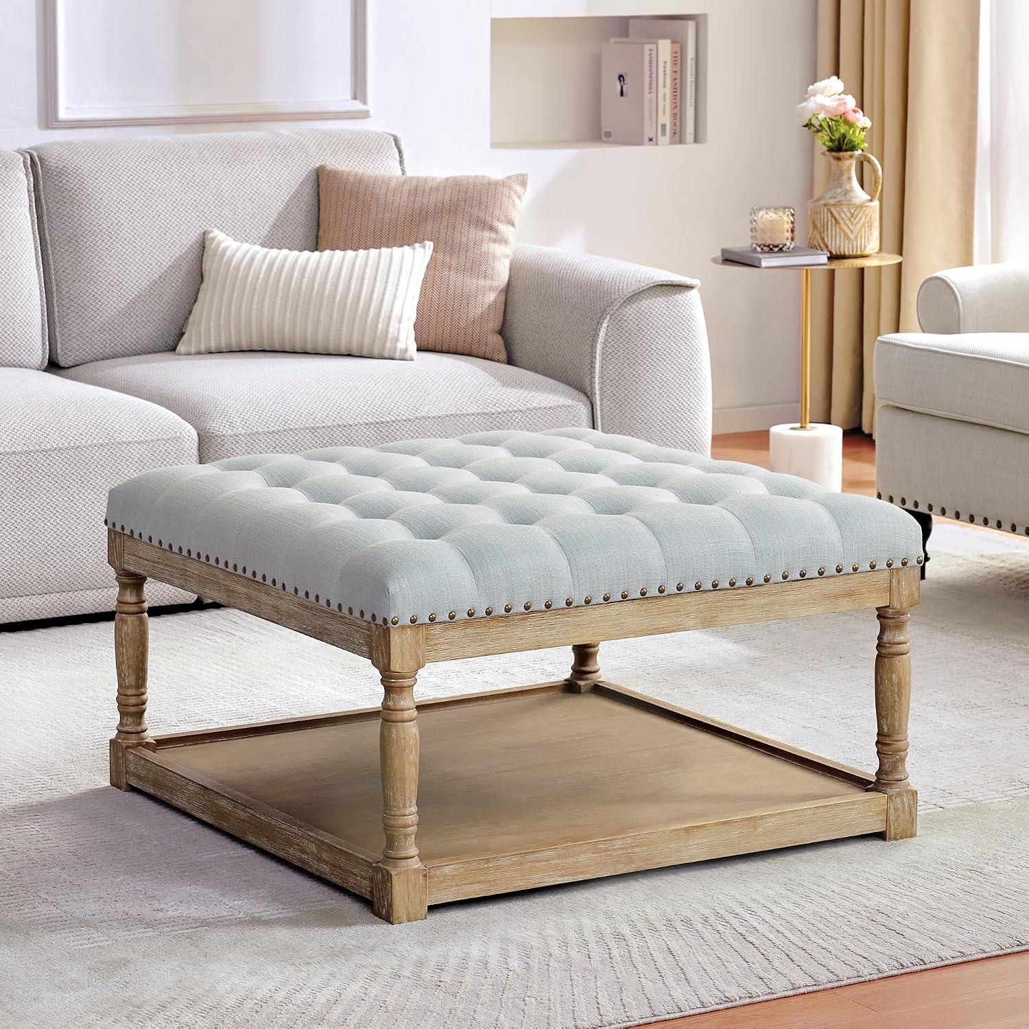 HUIMO 33-inch Large Square Ottoman Coffee Tables for Living Room, Tufted Upholstered Linen Ottoman with Storage Shelf and Solid Legs for Office Bedroom Farmhouse (Light Blue)