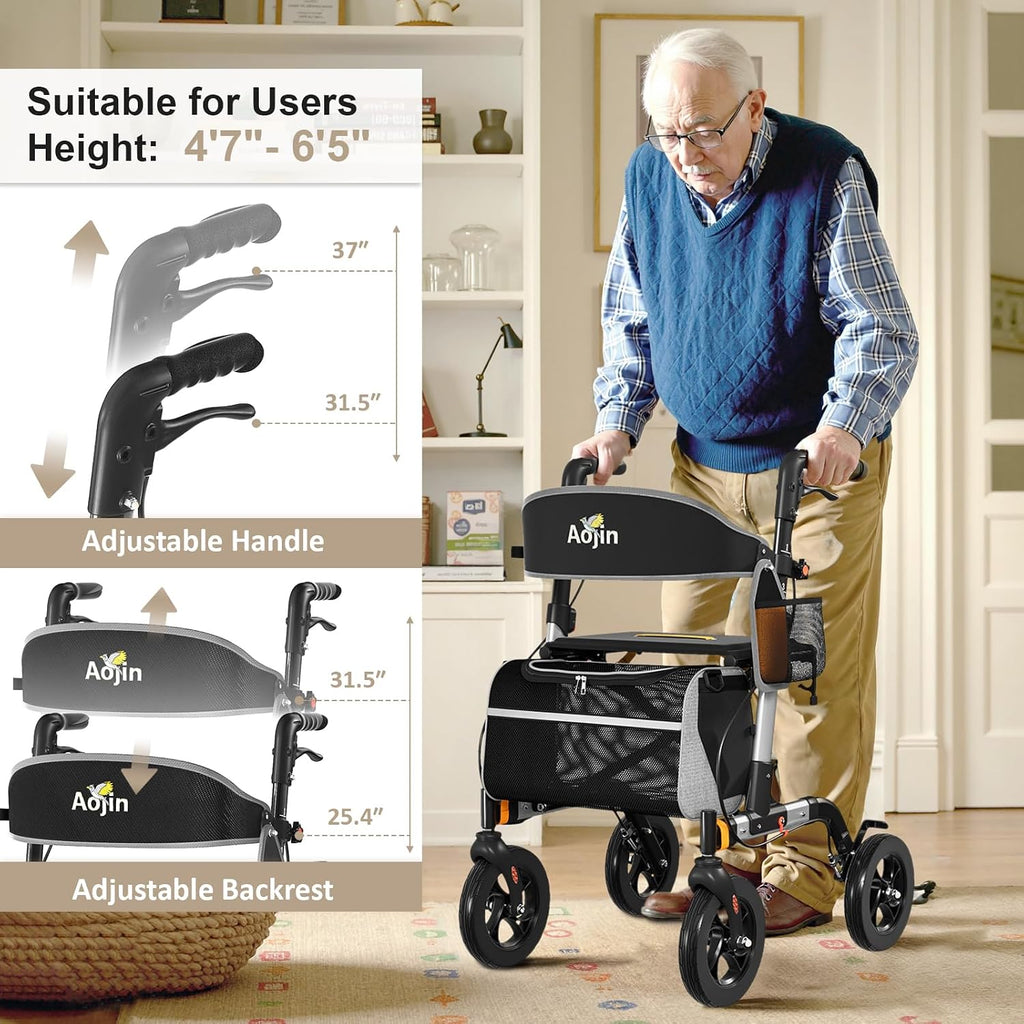 Walkers for Seniors, Rollator Walker with Seat, 350 lb Weight Capacity, 18' Big Seat, 8' All-Terrain Wheels, 6-Level Adjustable Height, Lightweight Aluminum Frame Rollator Walkers for Seniors (Silver)