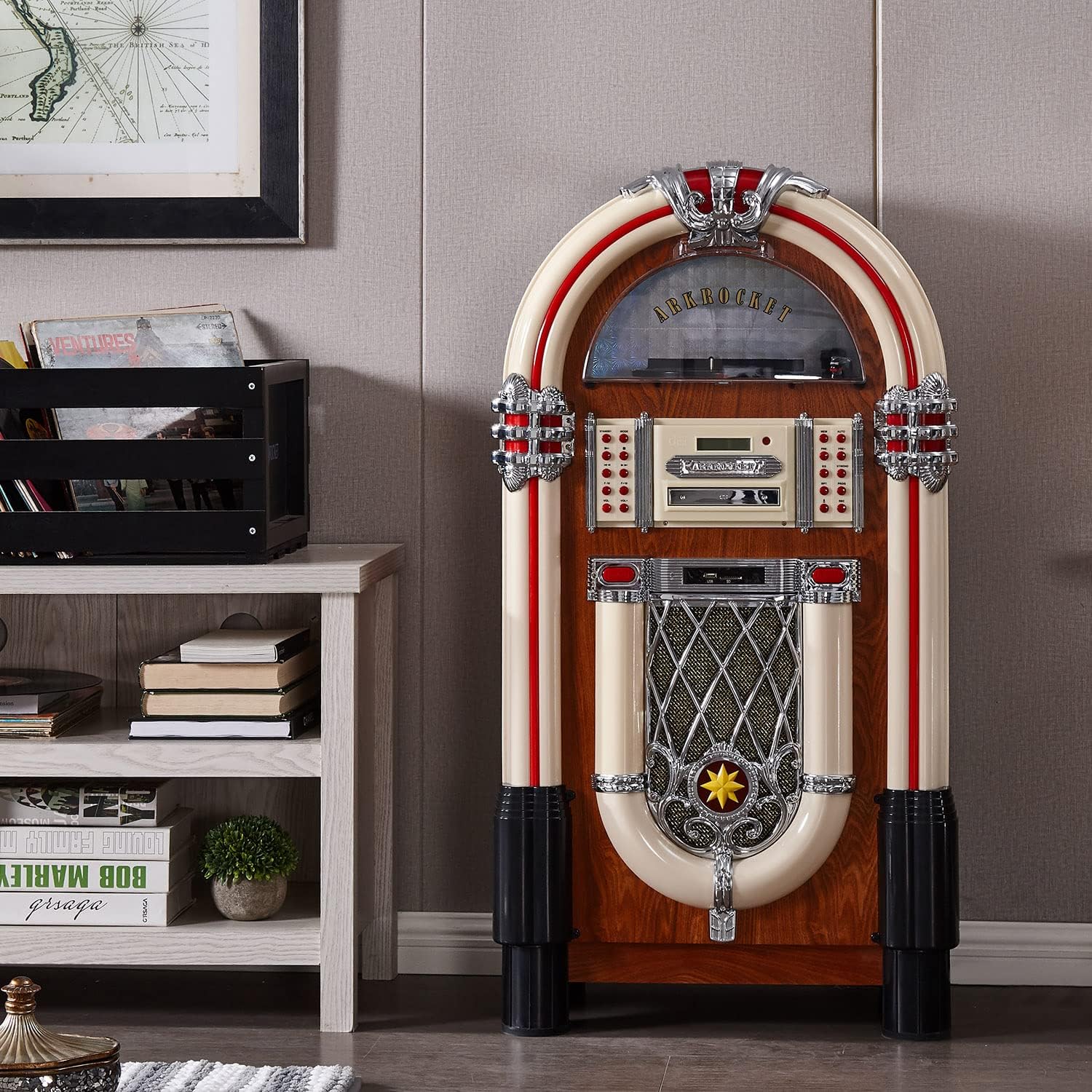 Arkrocket Full Size Jukebox Vinyl Record Player Bluetooth USB SD CD Player Radio Retro Turntable Classic Jukebox (Taurus - Classic)