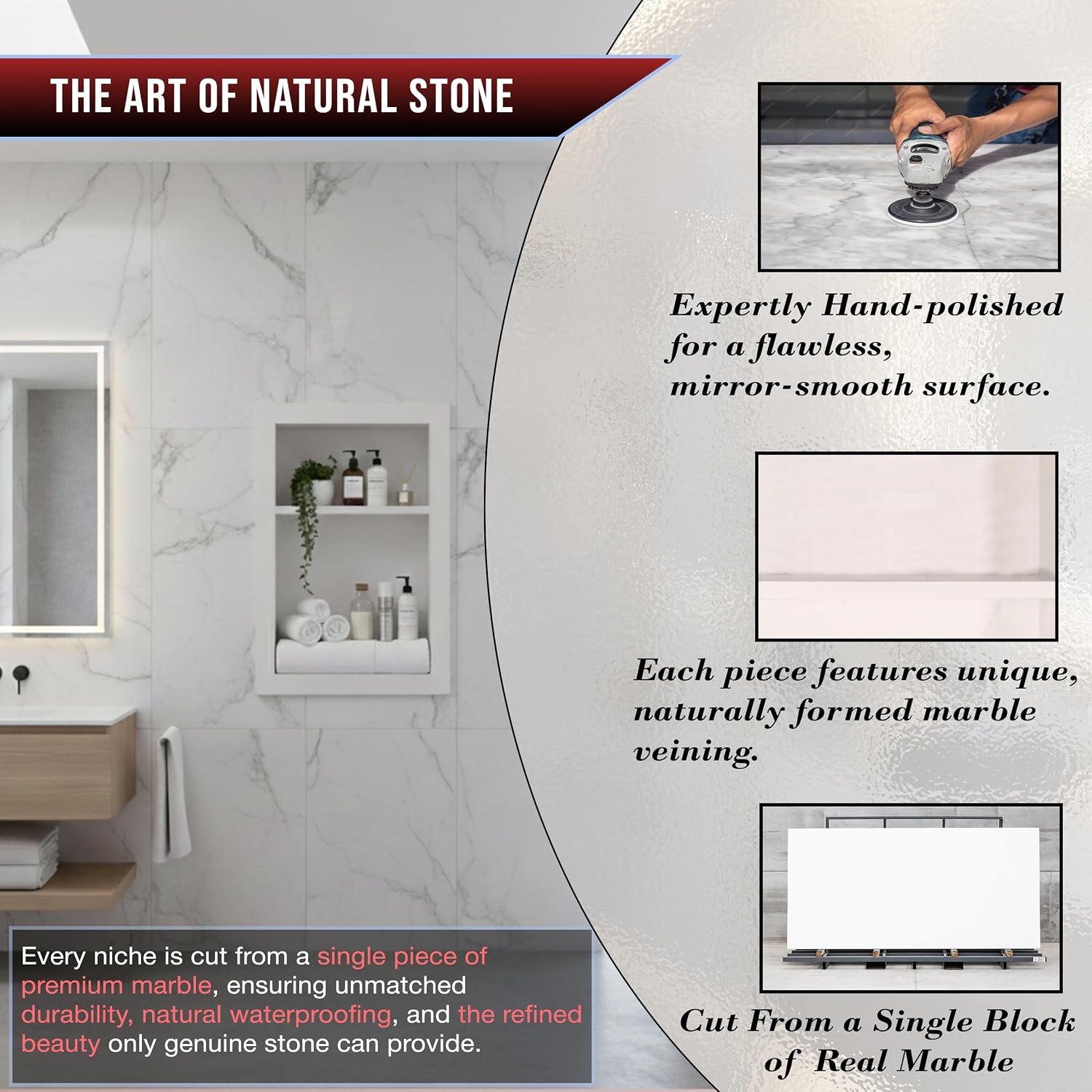 16' X 24' White Marble Shower Niche for Bathroom Shelf | Recessed Wall Insert | Rectangular 2 Shelves Storage Bathroom Organizer | No Tiles Needed (Pure White)