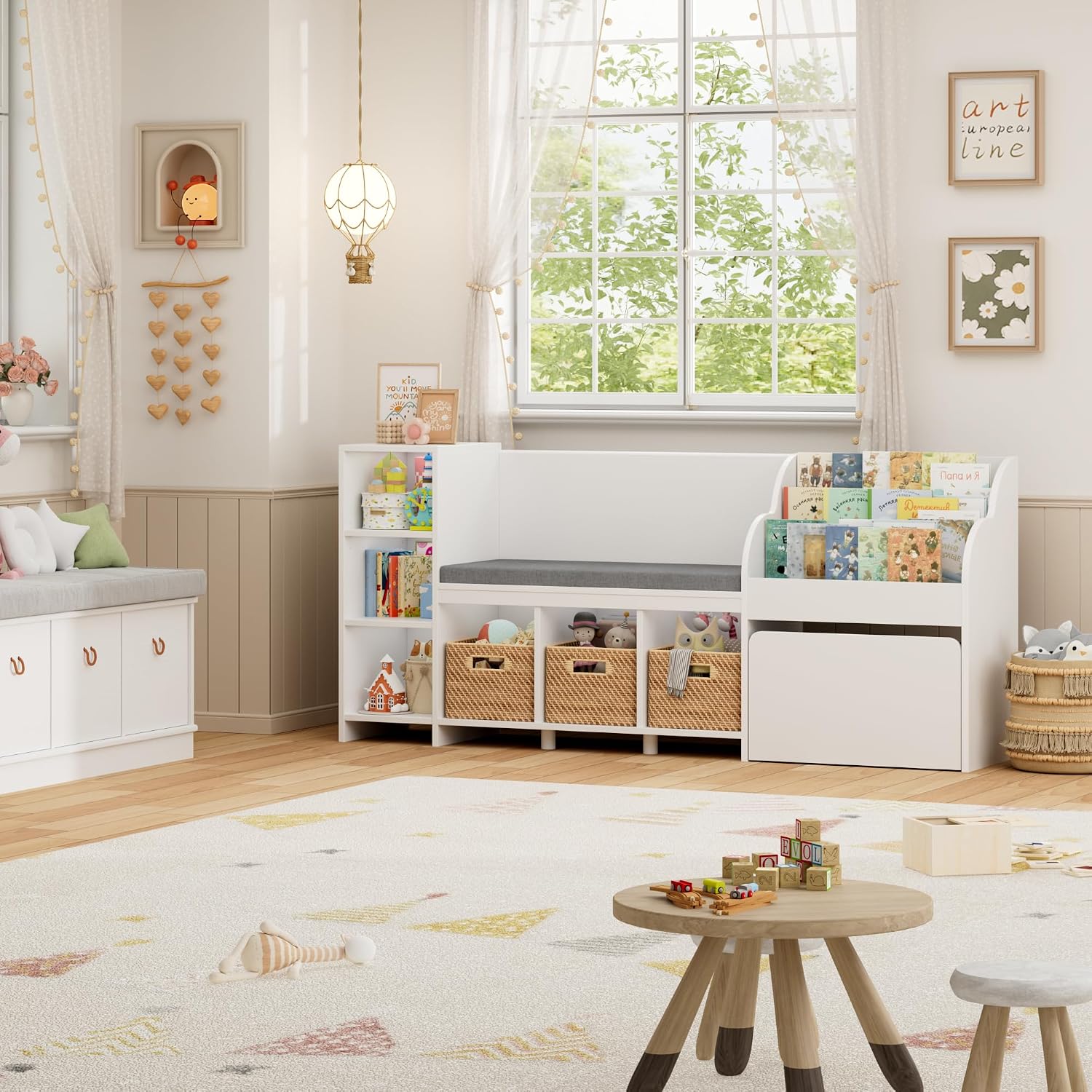 HOSTACK 67' W Kids Reading Nook with Toy Storage Organizer, Large Kids Bookshelf with Toy Storage Box on Wheels, Big Kid Bookcase with Bench and 6 Open Cubbies for Playroom, Kid Room, White