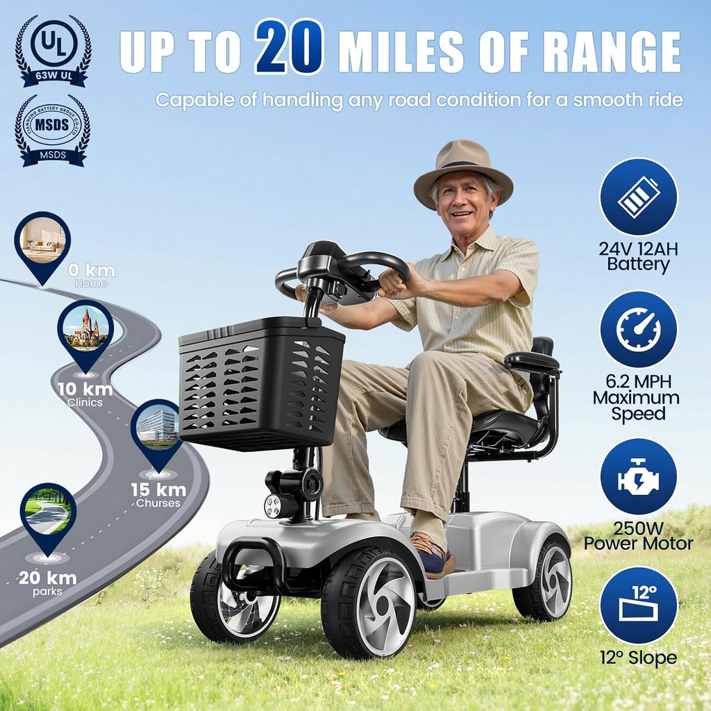 4 Wheel Electric Mobility Scooter for Adults and Seniors, 20 Miles Range Foldable Electric Scooter, Compact Heavy Duty Mobile for Travel with 300 lb Capacity, Powered Electric Wheelchair, Grey