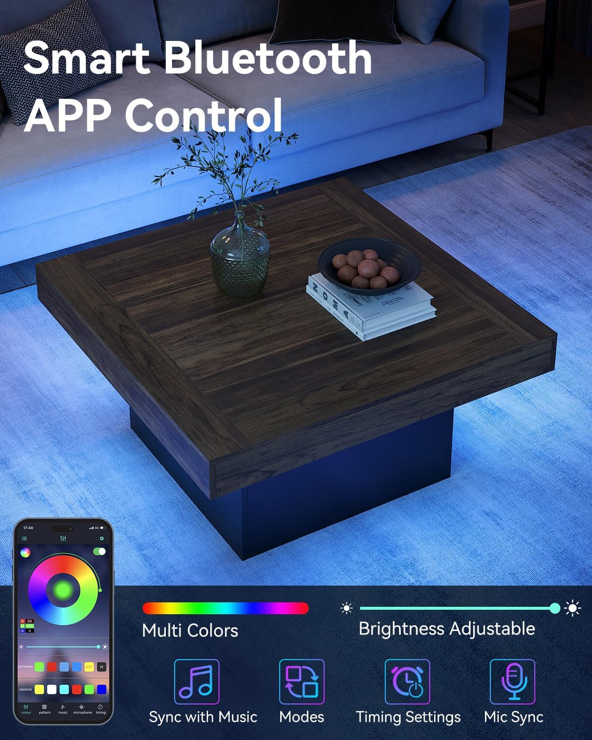 LITTLE TREE Square Coffee Table with LED Lights, 35-inch Living Room Tables, Modern Coffee Tables for Living Room, Brown and Black Wooden Center Table Cocktail Table for Home