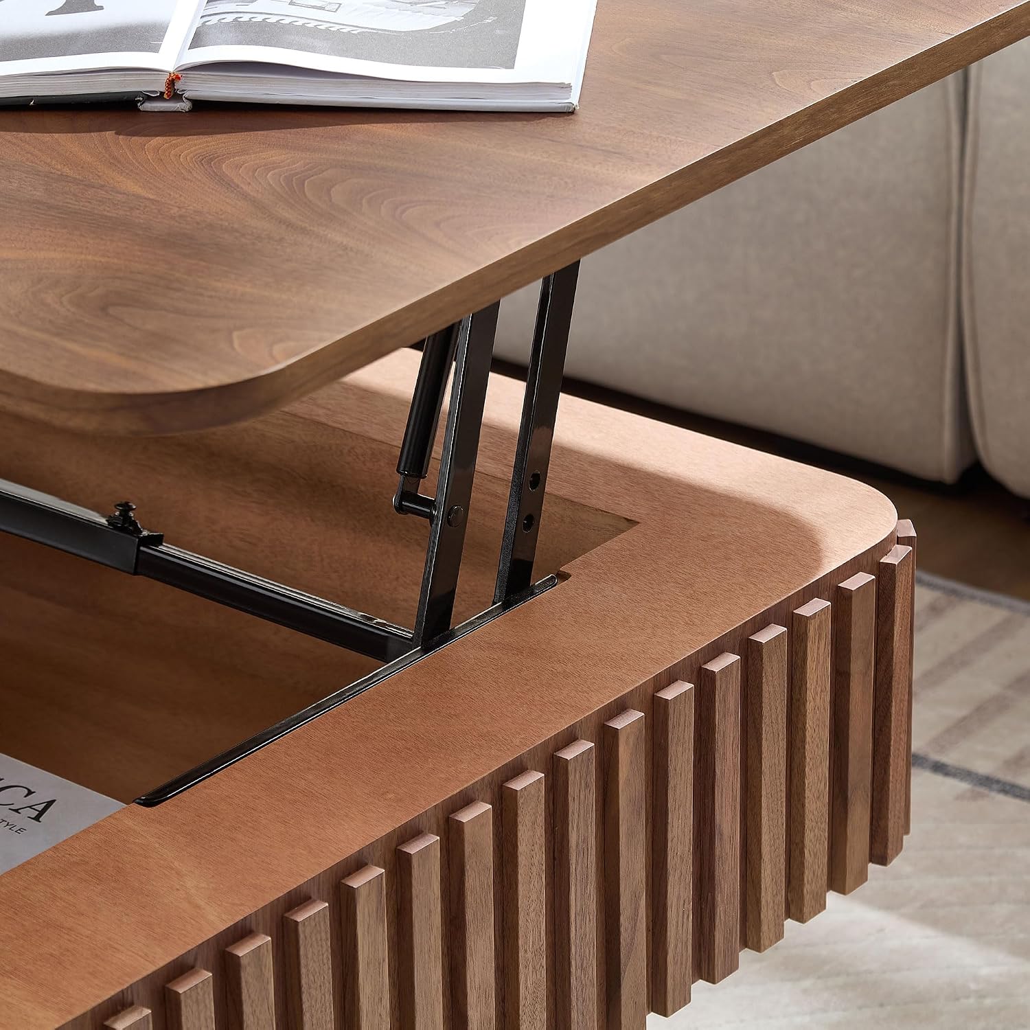 Lift Top Coffee Table Modern Handcraft Drum Coffee Table Table with Hidden Storage Space, Square Center Table for Living Room Apartment, Walnut