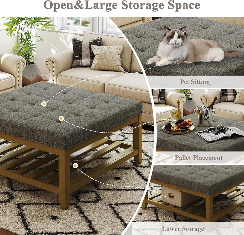 Befurtori Large Square Ottoman Coffee Table, Linen Solid Upholstered Footrest Ottoman with Solid Wood Shelf Storage Tufted Coffee Table for Bedroom Living Room, Granite
