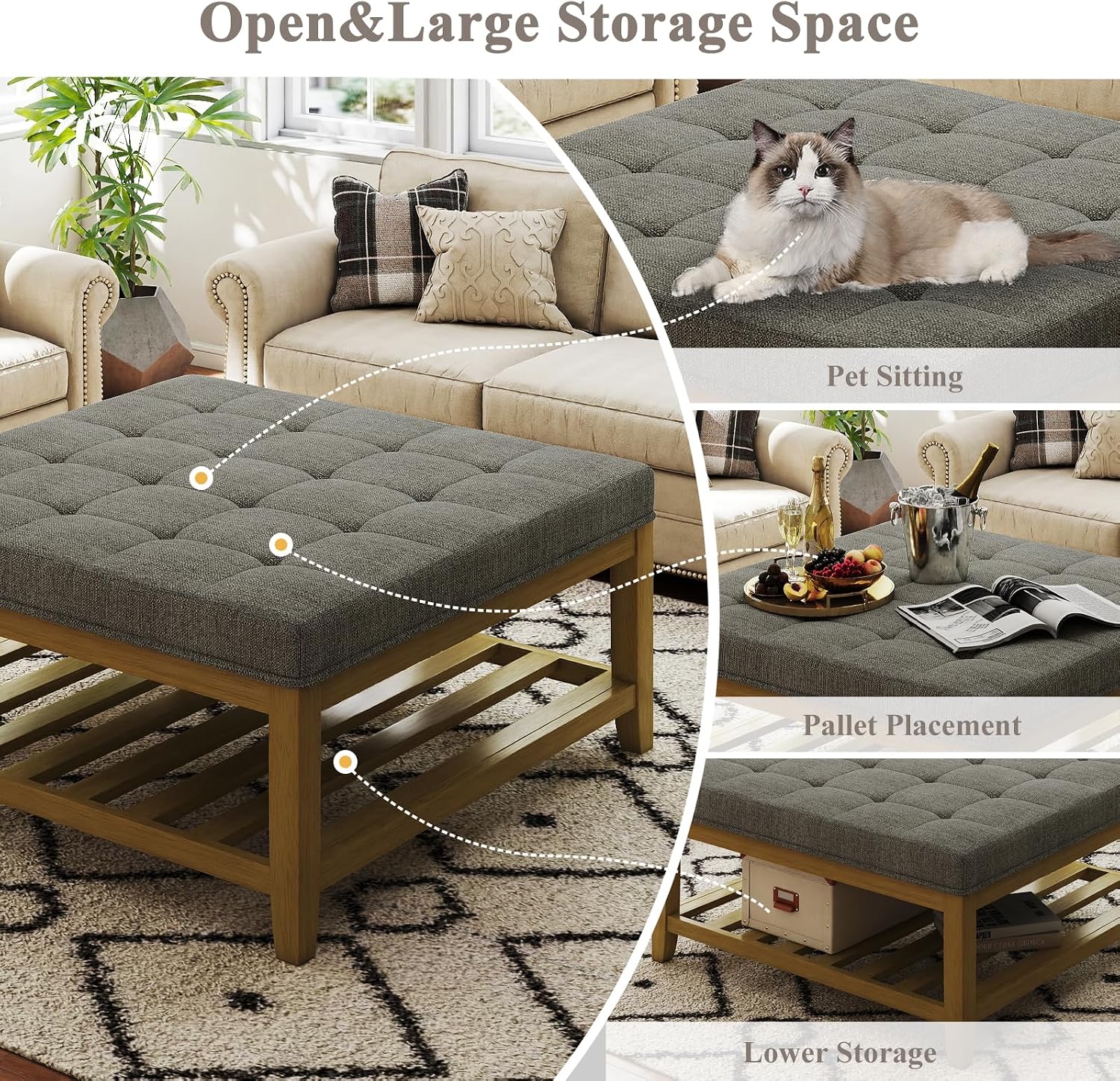 Befurtori Large Square Ottoman Coffee Table, Linen Solid Upholstered Footrest Ottoman with Solid Wood Shelf Storage Tufted Coffee Table for Bedroom Living Room, Granite