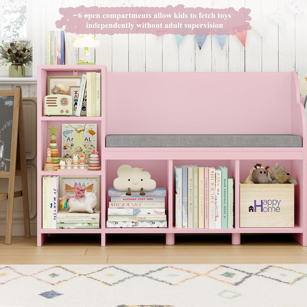 HOSTACK 67' W Kids Reading Nook with Toy Storage Organizer, Large Kids Bookshelf with Toy Storage Box on Wheels, Big Kid Bookcase with Bench and 6 Open Cubbies for Playroom, Kid Room, Pink