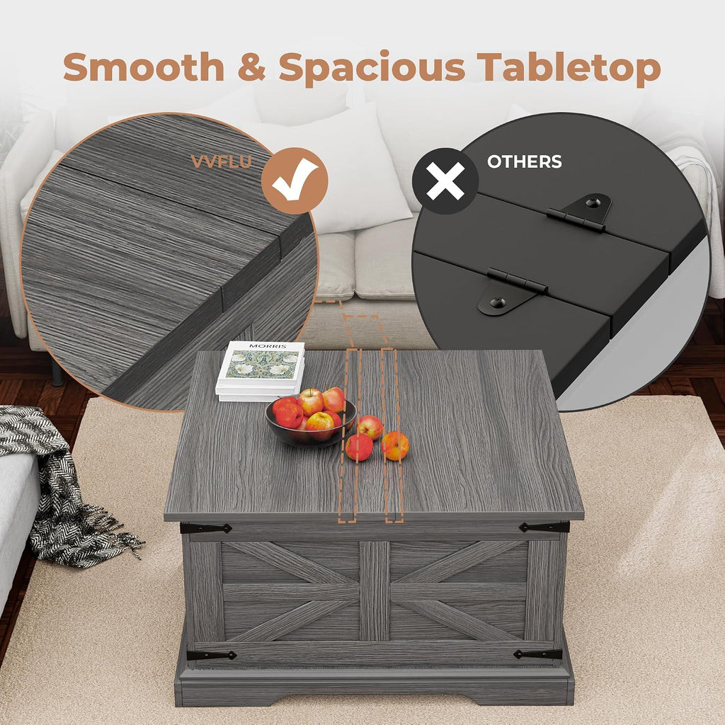 Farmhouse Coffee Table with Large Hidden Storage, Square Wood Living Room Tables, Multi-Function Lift Wooden Barn Door Center Table (Wah Grey)