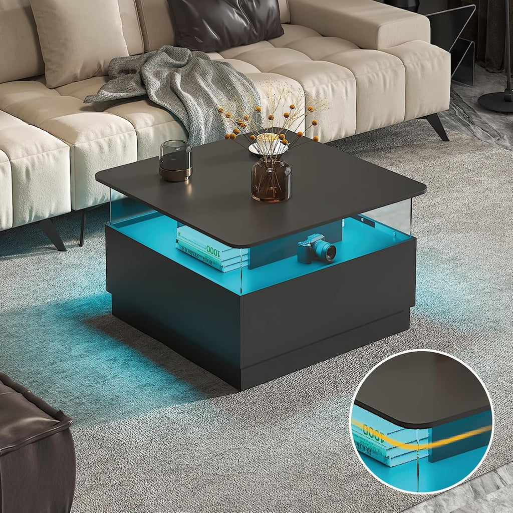 HedoAjim Square Coffee Tables with Storages, Modern Coffee Table for Living Room, Black Round Coffee Tables and 2 Spacious Drawers, Coffee Table with LED Light