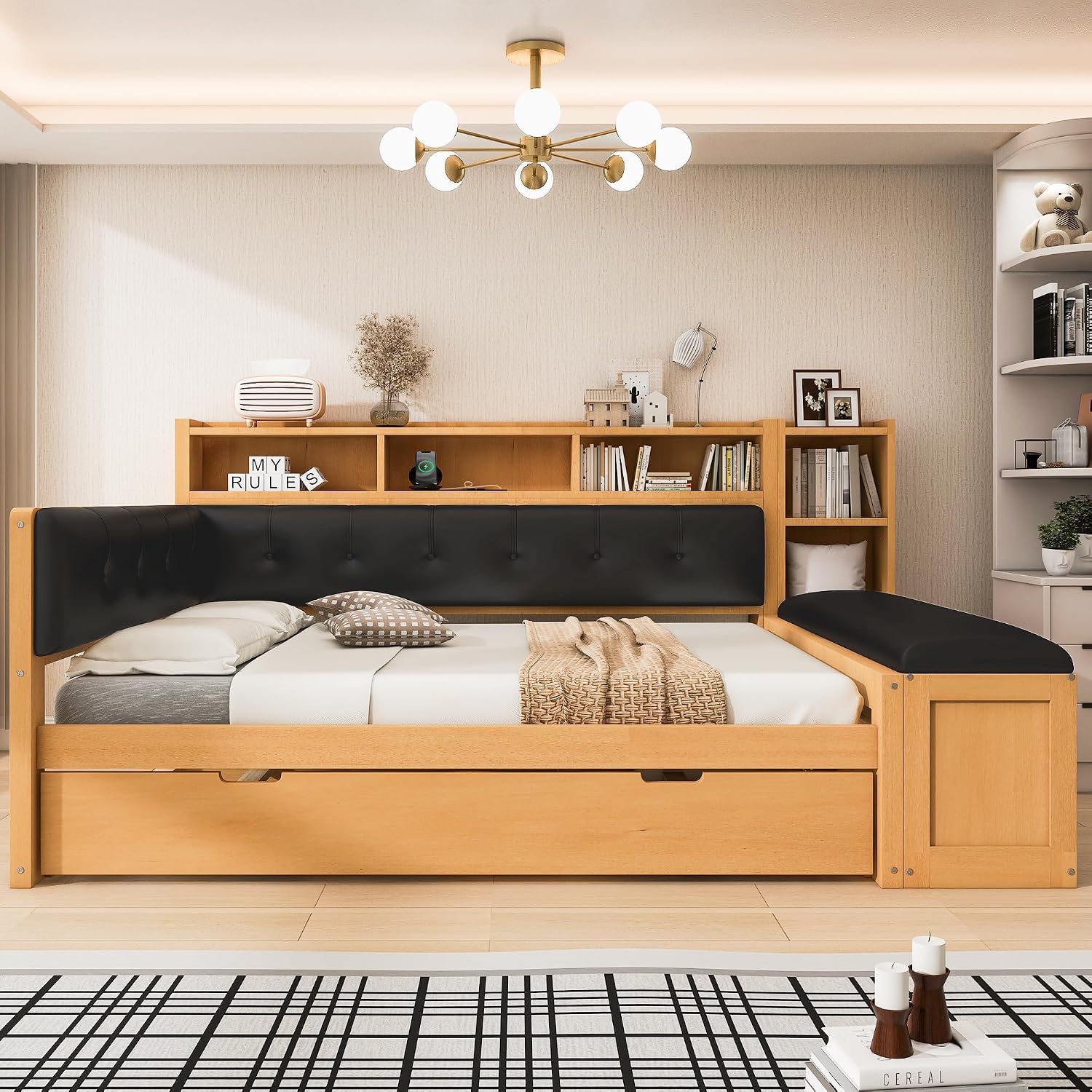 SOFTSEA Full Size Daybed with Trundle & Storage Drawers, Wood L-Shaped Daybed Corner Bed with Upholstered Headboard, Bench, 2 Drawers, Bookcase & USB Ports for Boys Girls Kids Adults, Natural Black