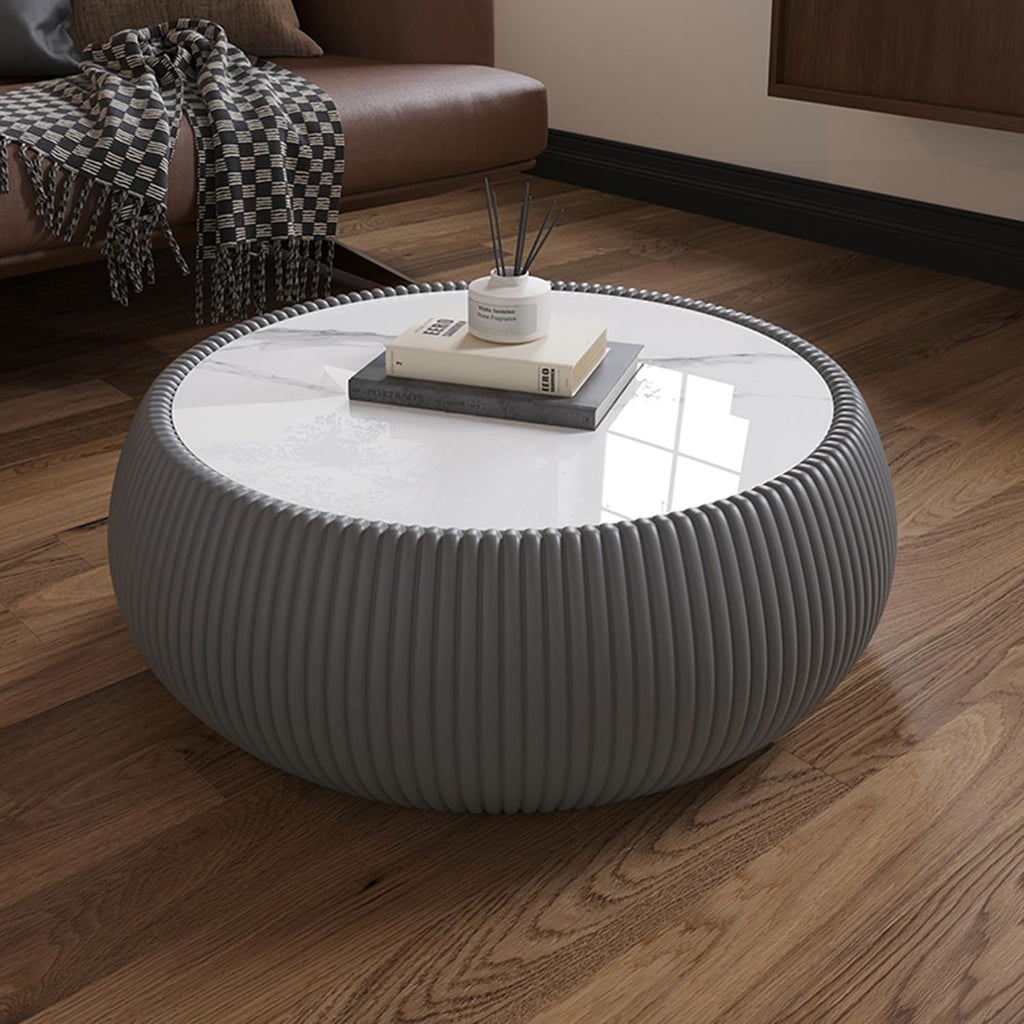 Grey Round Coffee Table with Sintered Stone Tabletop, 27.55' Drum Coffee Table with Fluted PU Leather Covered and Stable Base, Circle Cocktail Tea Table for Living Room