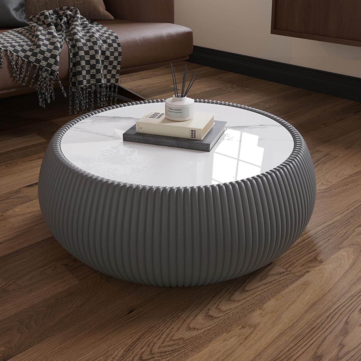Grey Round Coffee Table with Sintered Stone Tabletop, 27.55' Drum Coffee Table with Fluted PU Leather Covered and Stable Base, Circle Cocktail Tea Table for Living Room