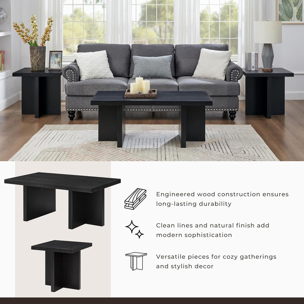 Roundhill Furniture Mchome 3-Piece Coffee Table Set, Coffee Table and Two End Tables, Black Finish
