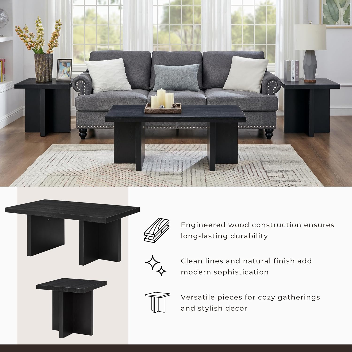Roundhill Furniture Mchome 3-Piece Coffee Table Set, Coffee Table and Two End Tables, Black Finish