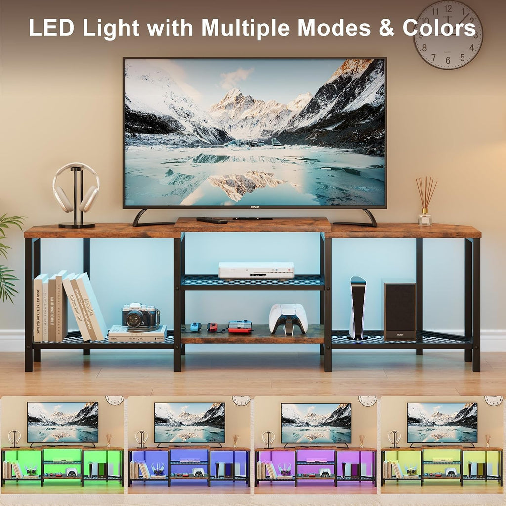 Corner TV Stand,with Power Outlets,Led Strip,67 Inch Large Entertainment Center,3-Tier Open Storage Shelves, Media TV Console Table for Living Room, Bedroom,Brown