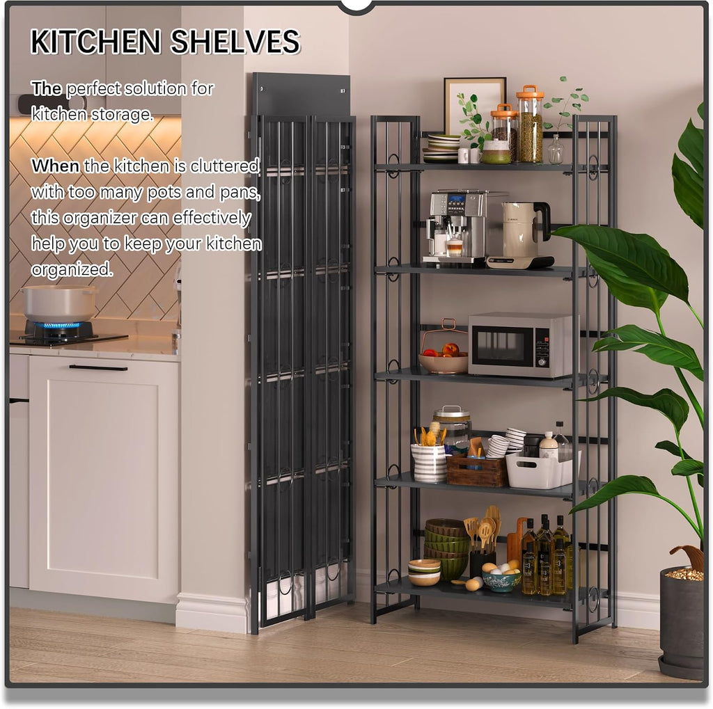 4NM No Assembly 5 Tiers Folding Bookshelf, 59.4' H Foldable Storage Shelves Vintage Bookcase Standing Racks Study Organizer Home Office - All Black