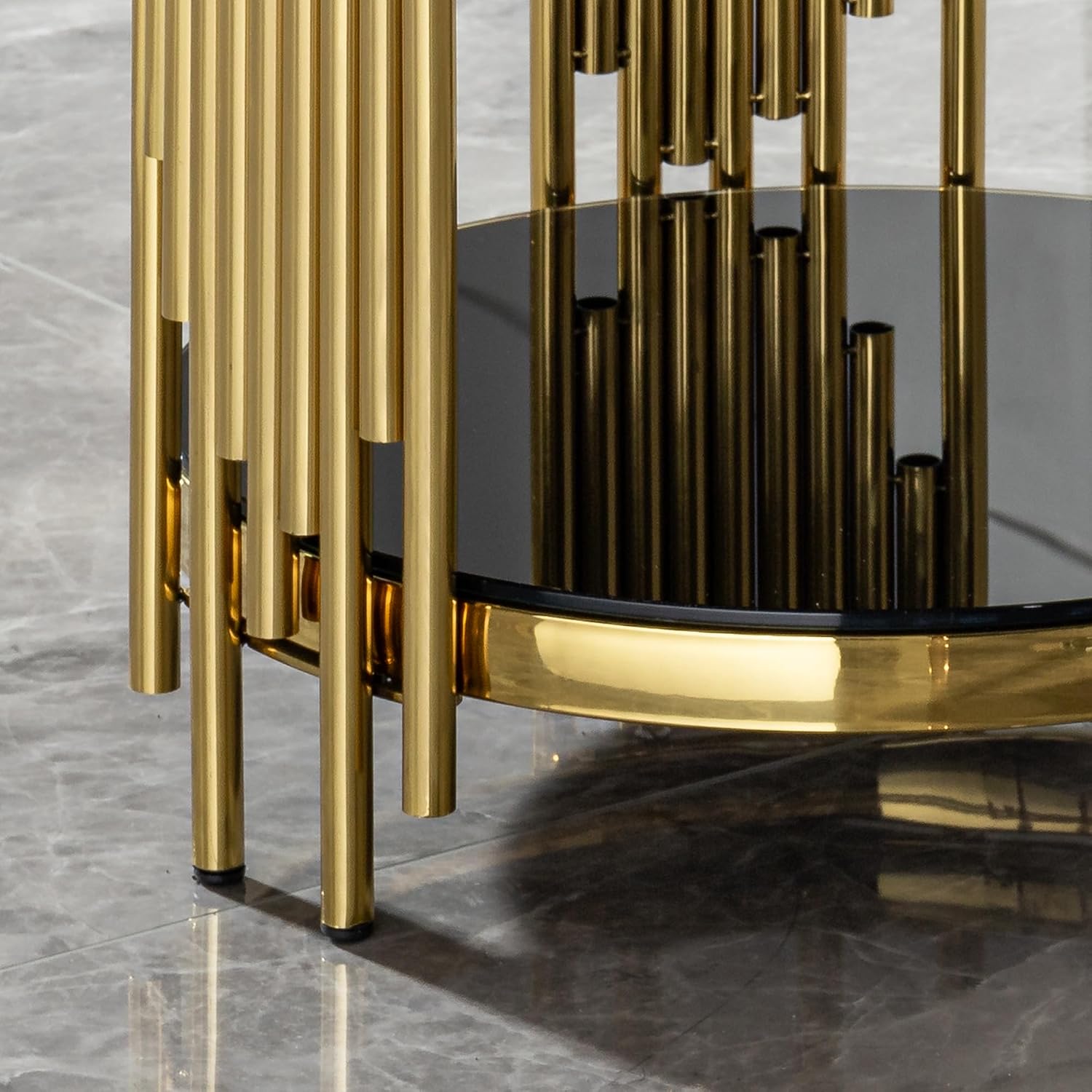 Luxury Gold Round Glass End Table, 17.7' Modern Side Table with Stainless Steel Irregular Leg Black Tempered Glass Tabletop, Accent Furniture for Living Room, Black