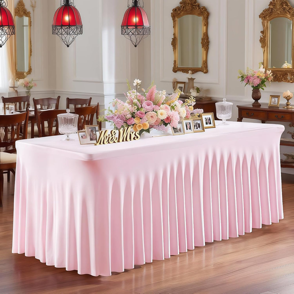 6 Pack Pink Spandex Fitted Tablecloth 8 Foot - Stretch Table Clothes for 8 FT Rectangle Table, Washable Ruffles Elastic for Weddings, Buffet, Banquet, Trade Craft Show, Party Celebration