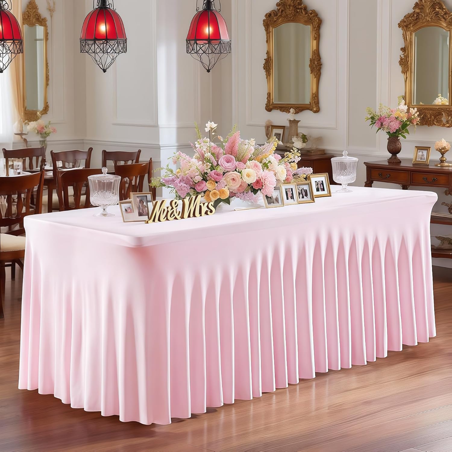 6 Pack Pink Spandex Fitted Tablecloth 8 Foot - Stretch Table Clothes for 8 FT Rectangle Table, Washable Ruffles Elastic for Weddings, Buffet, Banquet, Trade Craft Show, Party Celebration