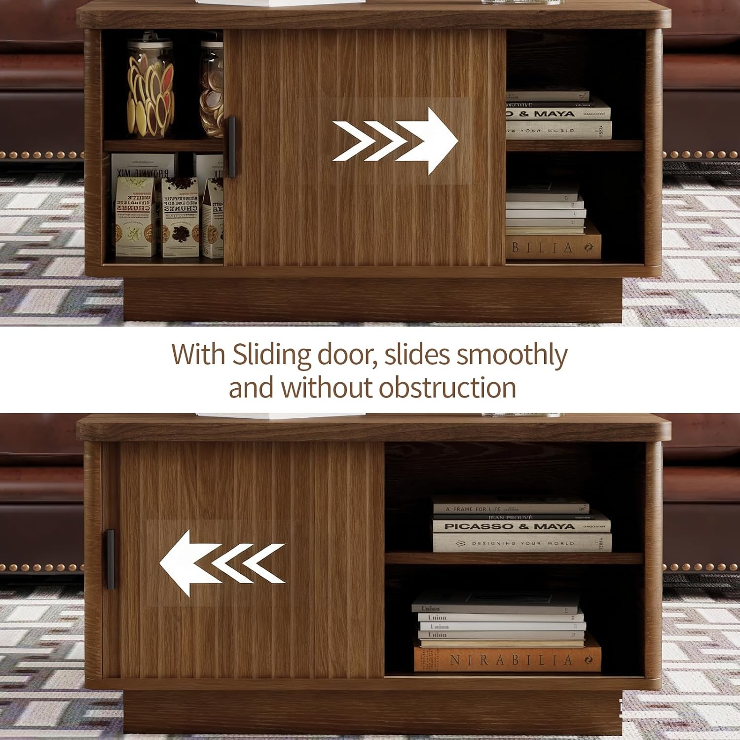 Lift Top Coffee Table with Storage, 31.5' Fluted Square Coffee Tables for Living Room, Home Office, Large Hidden Storage Compartment, Adjustable Shelves & Sliding Door (Walnut, Square)