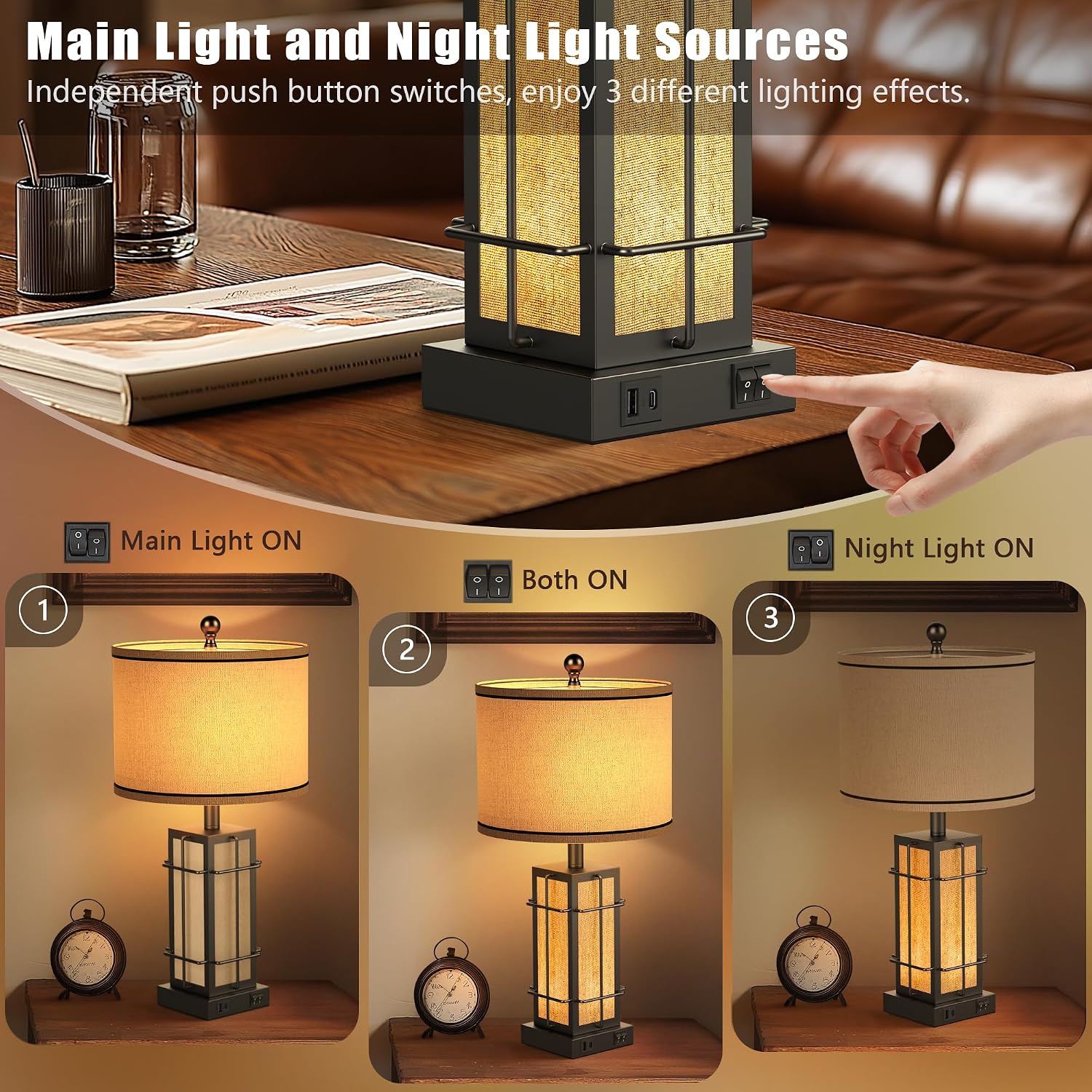 Black Table Lamps Set of 2, 24' Farmhouse Lamps for Living Room with USB C+A Ports, Industrial Retro Lamps for Bedroom, Nightstand Light Fixture, 2 Bulbs Included