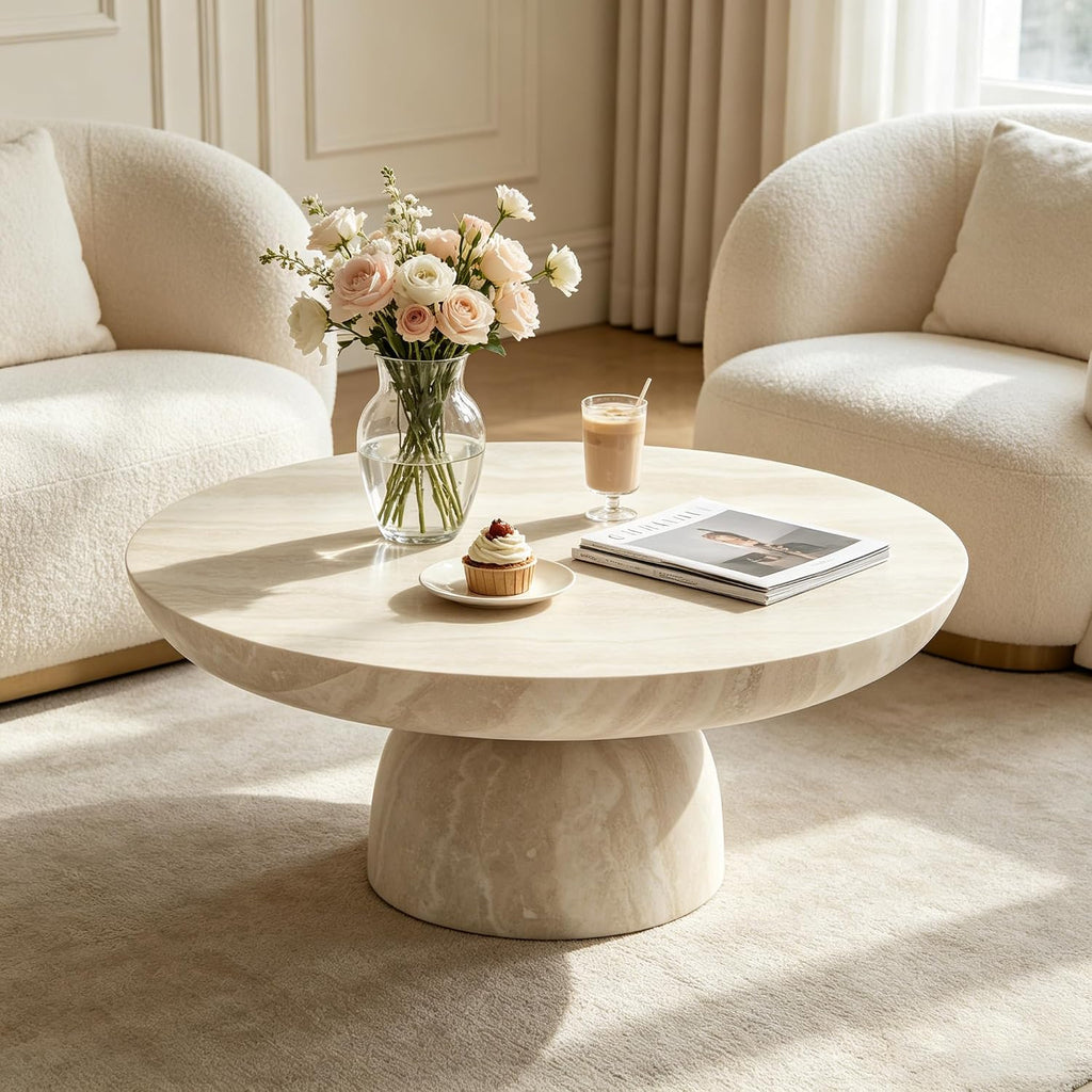 35.43' Modern Faux Marble Coffee Table, Round Stone Coffee Table with Cylindrical Leg, Fiberglass Drum Circle Center Table, Sofa Side End Tables for Living Room Apartment Home Cocktail Tea