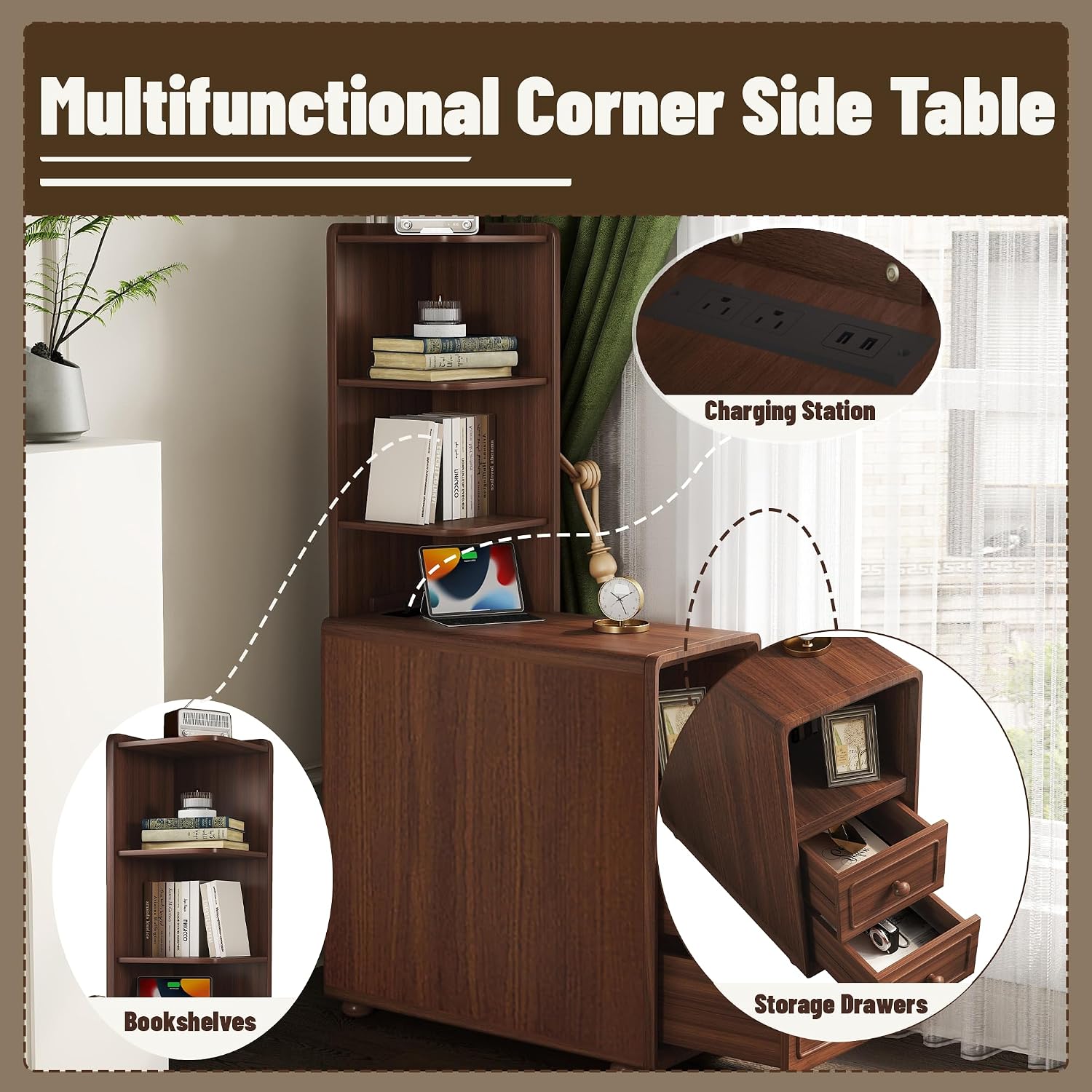 Mirightone Wood End Table Corner Side Table with Drawers & Open Shelves, Tall Sofa Side Table, Narrow Tables Bedside Table Nightstands with Charging Station for Living Room, Bedroom (Walnut)