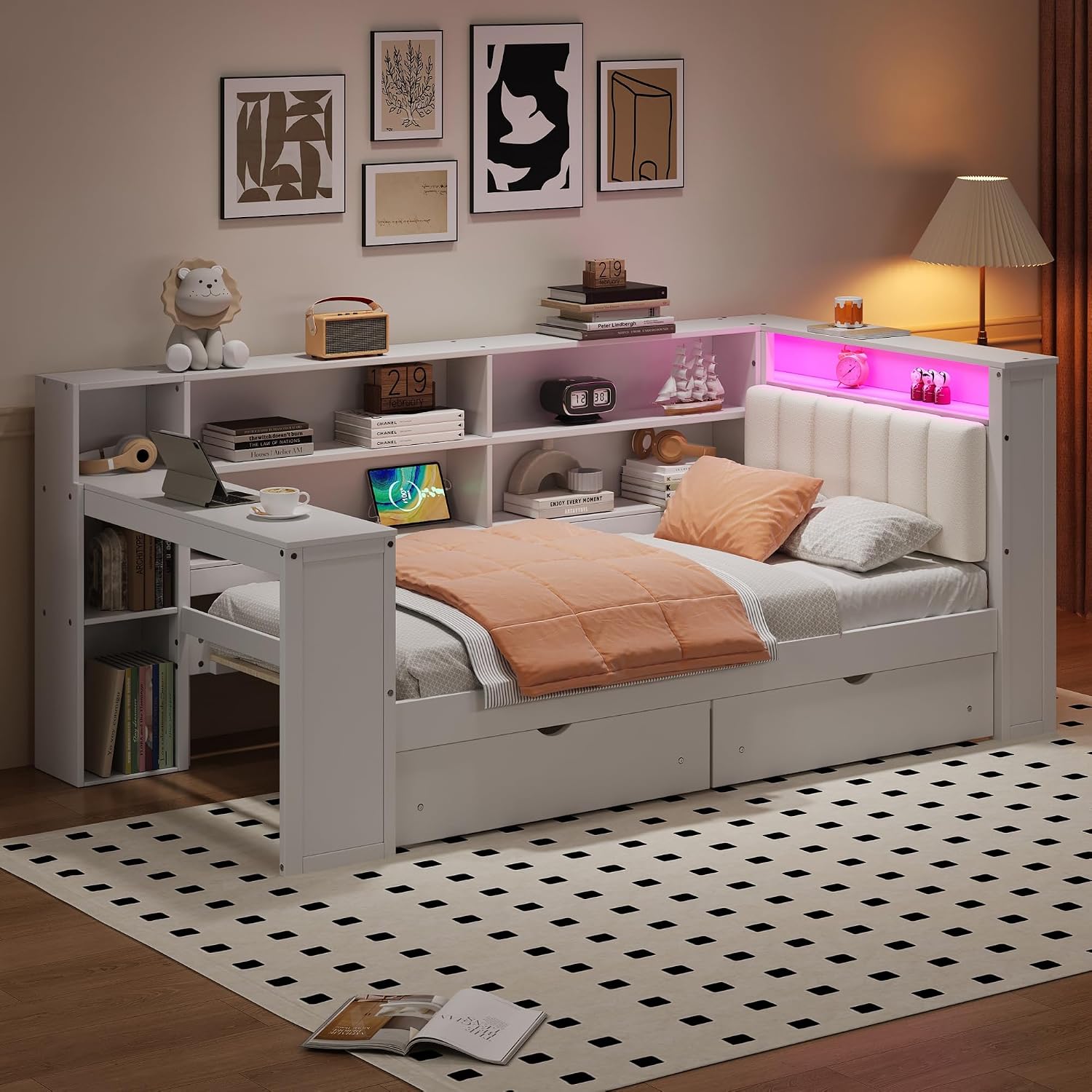 Wood Twin Size Daybed with Storage Shelves and Desk, L-Shaped Corner Platform Bed Frame with Upholstered Headboard and 2 Drawers for Office Living Room Bedroom, Space-saving (White-7.16, Twin)