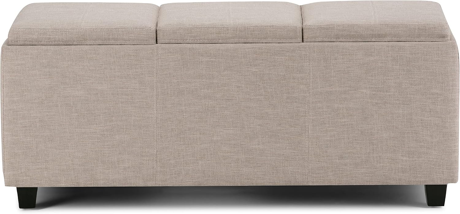SIMPLIHOME Avalon Storage Ottoman - 42 inch Wide Upholstered Linen Look Fabric Rectangular Flip-Top Ottoman in Natural, Contemporary Coffee Table Ottoman for Living Room with Hidden Storage