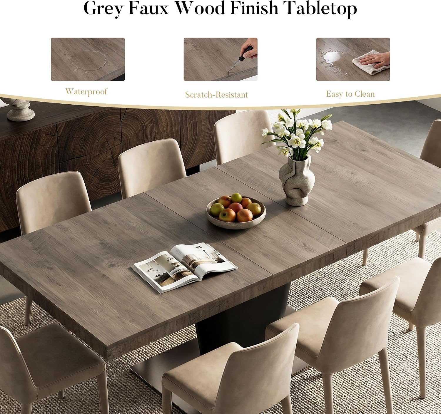 COSIEST 63'' to 78.7'' Extendable Dining Table for 4 6 8, Expandable Kitchen Table with Sturdy Metal Base, Rectangle Mid-Century Modern Dining Table for Dining Room, Kitchen, Home, Grey