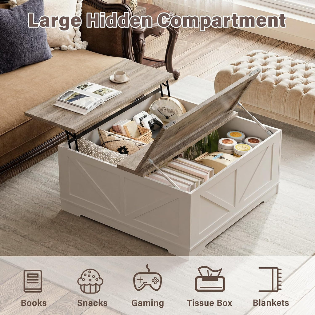 BREEZEHEAT Farmhouse Lift Top Coffee Table with Storage, Large 40' Wood Square Coffee Table with Charging Station&USB Port, Living Room Table w/Hidden Space, for Living Room,Home Office, White