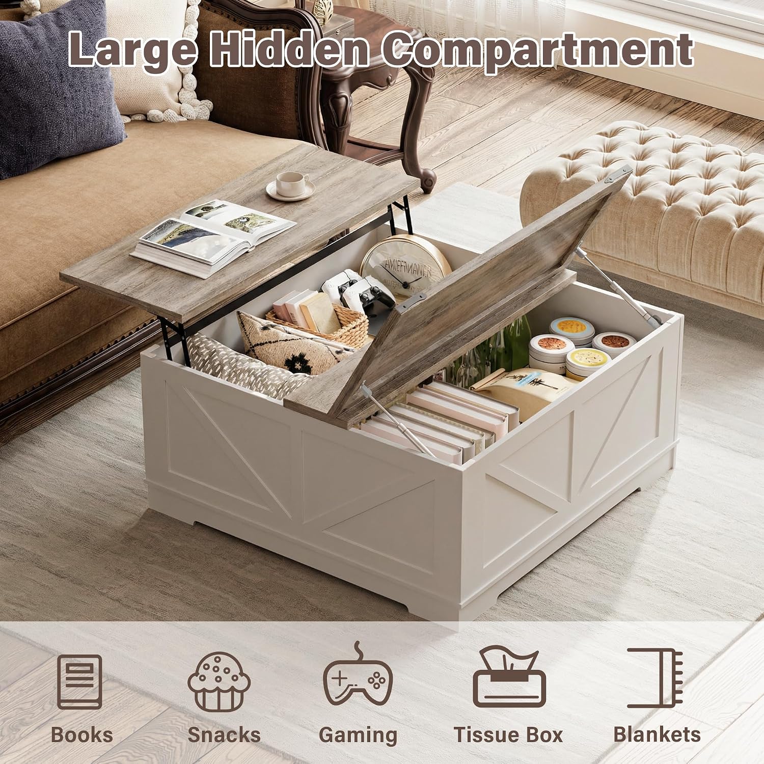 BREEZEHEAT Farmhouse Lift Top Coffee Table with Storage, Large 40' Wood Square Coffee Table with Charging Station&USB Port, Living Room Table w/Hidden Space, for Living Room,Home Office, White