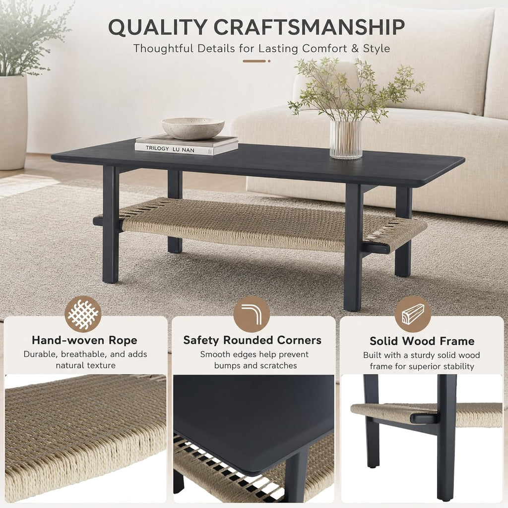 Black Coffee Table for Living Room Farmhouse Coffee Table with Natural Rattan Storage Shelf Large 2-Tier Rectangular Center Table for Living Room Reception