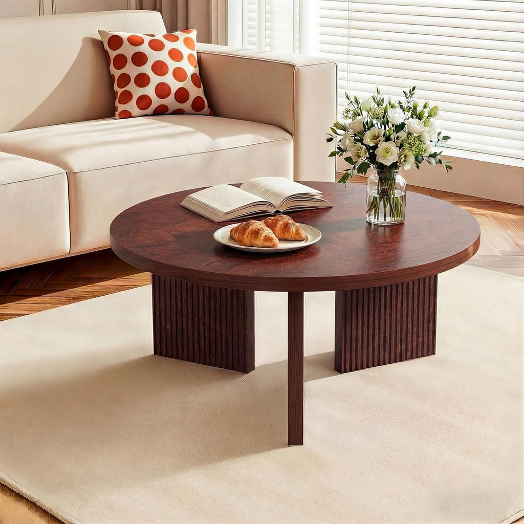 Wooden Round Coffee Table, 35' Coffee Table with Smooth Thick Mesa, Low Circle Center Table with X Shaped Stable Legs, Accent Tea Table for Living Room, Office, Burgundy