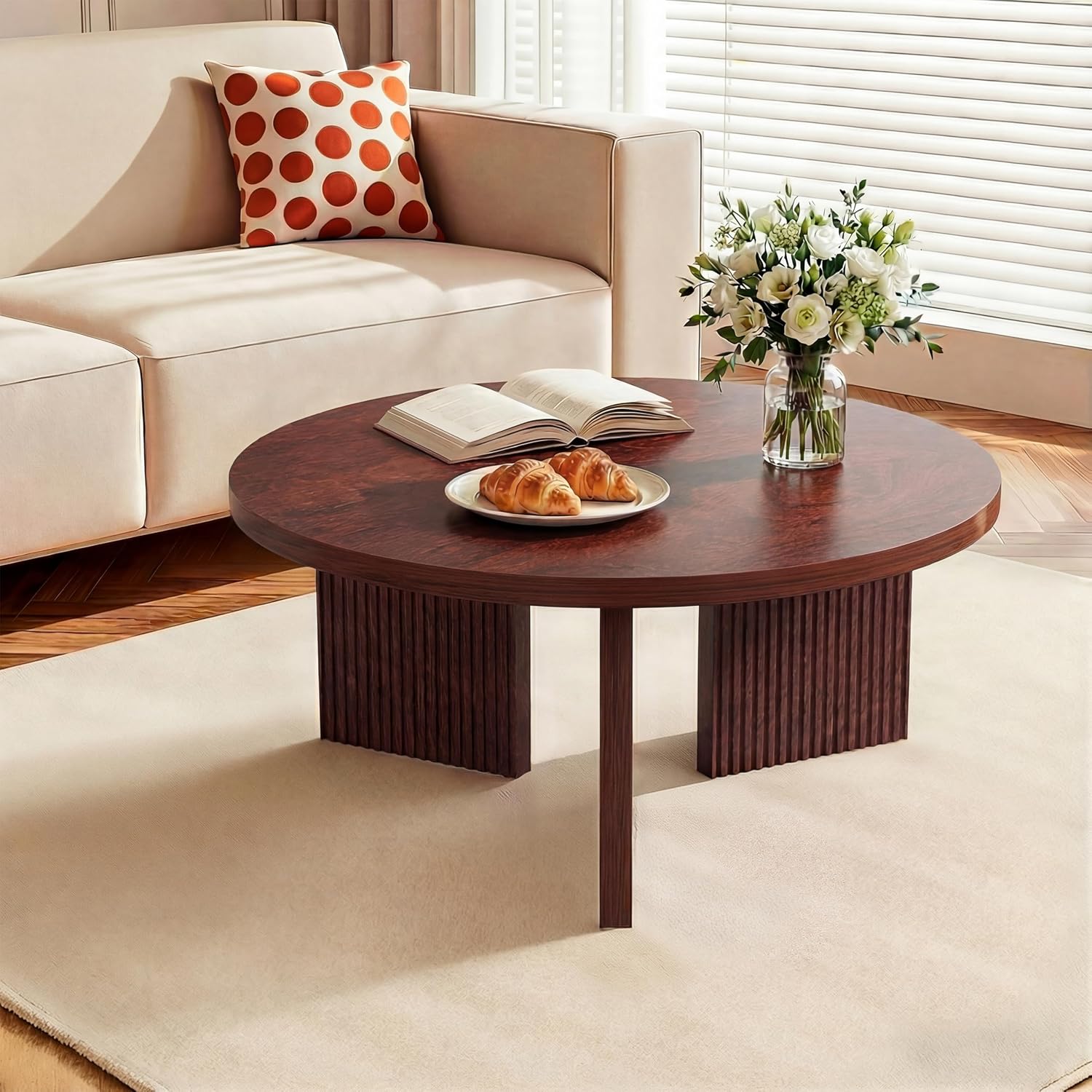 Wooden Round Coffee Table, 35' Coffee Table with Smooth Thick Mesa, Low Circle Center Table with X Shaped Stable Legs, Accent Tea Table for Living Room, Office, Burgundy