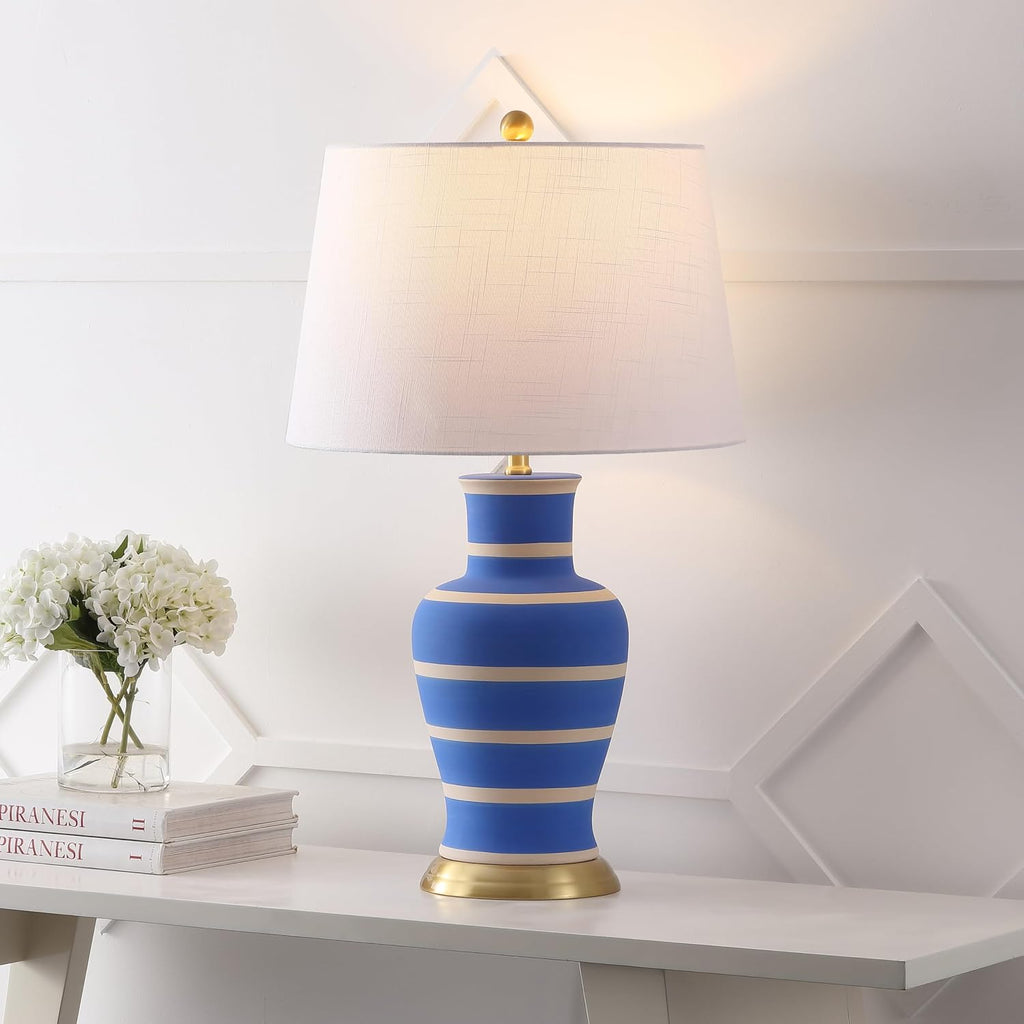 JONATHAN Y 29' Blue/Beige Traditional Ceramic Urn LED Table Lamp for Bedroom Decor, White Linen Drum Shade, Classic Nightstand Lamp for Living Room, LED Bulb Included (JYL4026L)