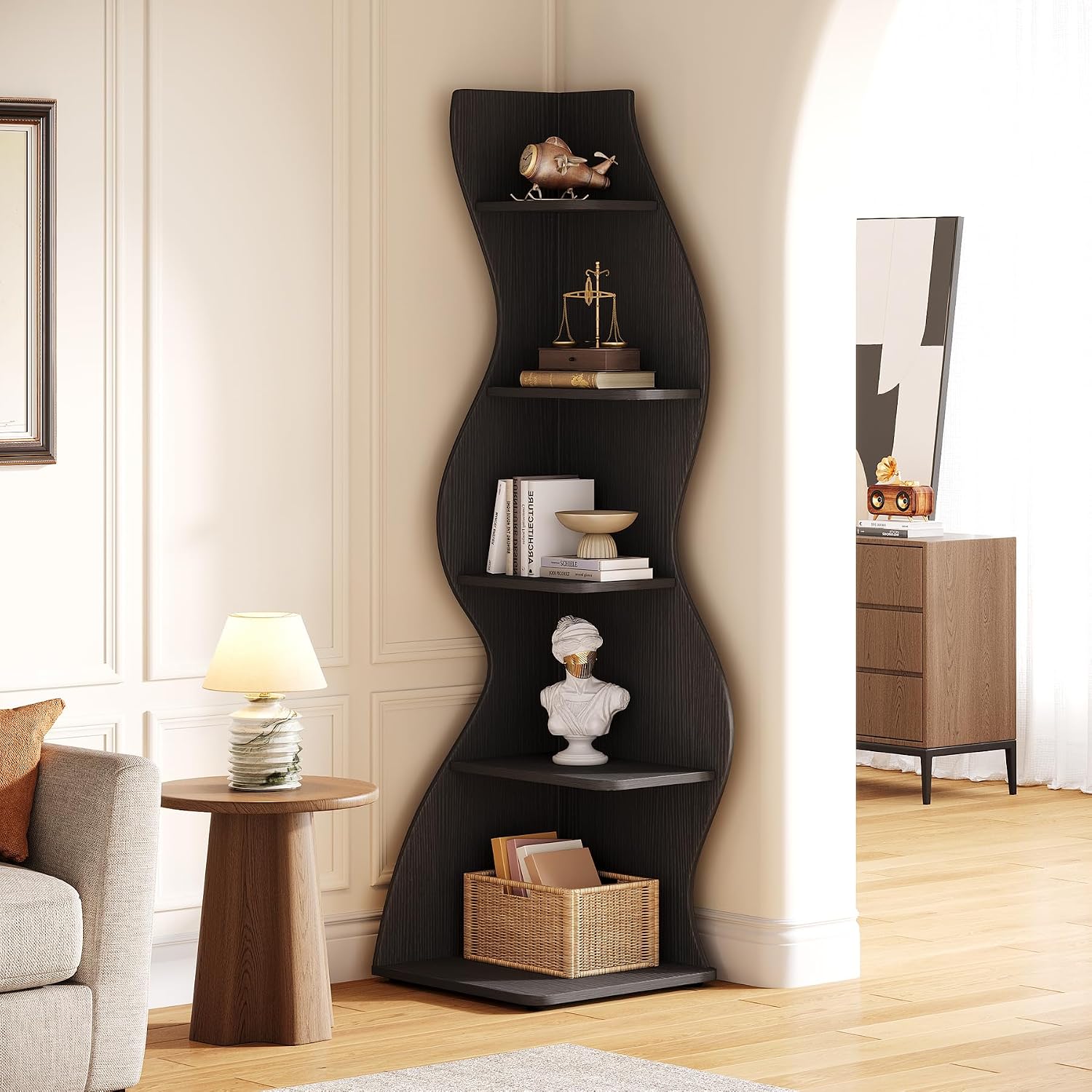 Tribesigns Wavy Corner Shelf Set of 2, Modern 5-Tier Bookshelf Etagere Bookcase with Curvy Shape, Unique Plant Stand Display Shelf for Living Room Small Space (Black)