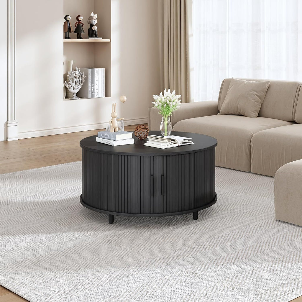 31.5 Inch Round Coffee Table, Fluted Coffee Tables with Storage, Mid-Century Modern Center Tables, Living Room Table with Sliding Door and Wood Handle for Living Room, Black