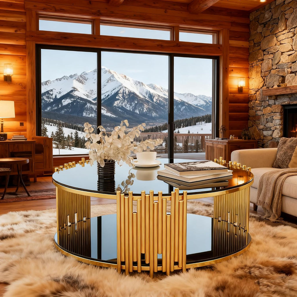 Luxury Round Glass Coffee Table 36', Modern 2-Tier Center Table with Gold Stainless Steel Irregular Legs, Cocktail Table for Living Room, Black and Gold