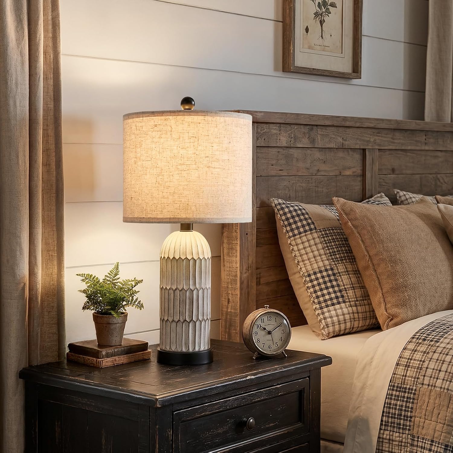 OYEARS 22.5' Bedside Table Lamps Set of 2, Farmhouse Table Lamp with USB A+C Charging Ports,Vintage Nightstand Lamp for Bedrooms and Living Rooms, Retro Resin End Table Lamp with Linen Shade, Black