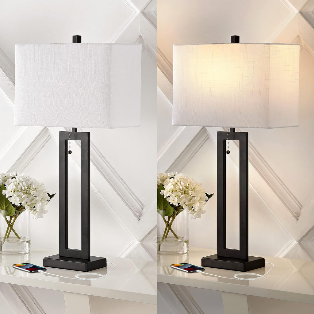 JONATHAN Y 28.5' Black Table Lamp Set of 2 with USB Port and Pull Chain, Modern Industrial Bedside Lamp for Living Room, Rectangular White Linen Shade, LED Bulb (JYL1126C-SET2)