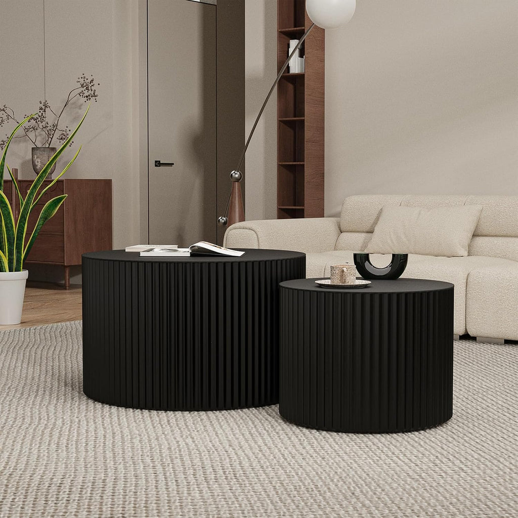 Round Wood Coffee Table Set of 2 Modern Round Fluted Nesting Coffee Tables Handcrafted Wooden Circle Nesting Table for Living Room for Small Space (Black (D18.9+D14.8 inch))