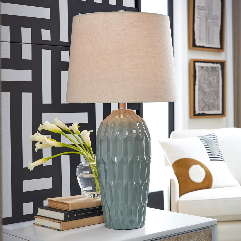 Signature Design by Ashley Hadbury Contemporary Ceramic Table Lamp Set with 3-Way Switch, Set of 2, Light Green & Beige
