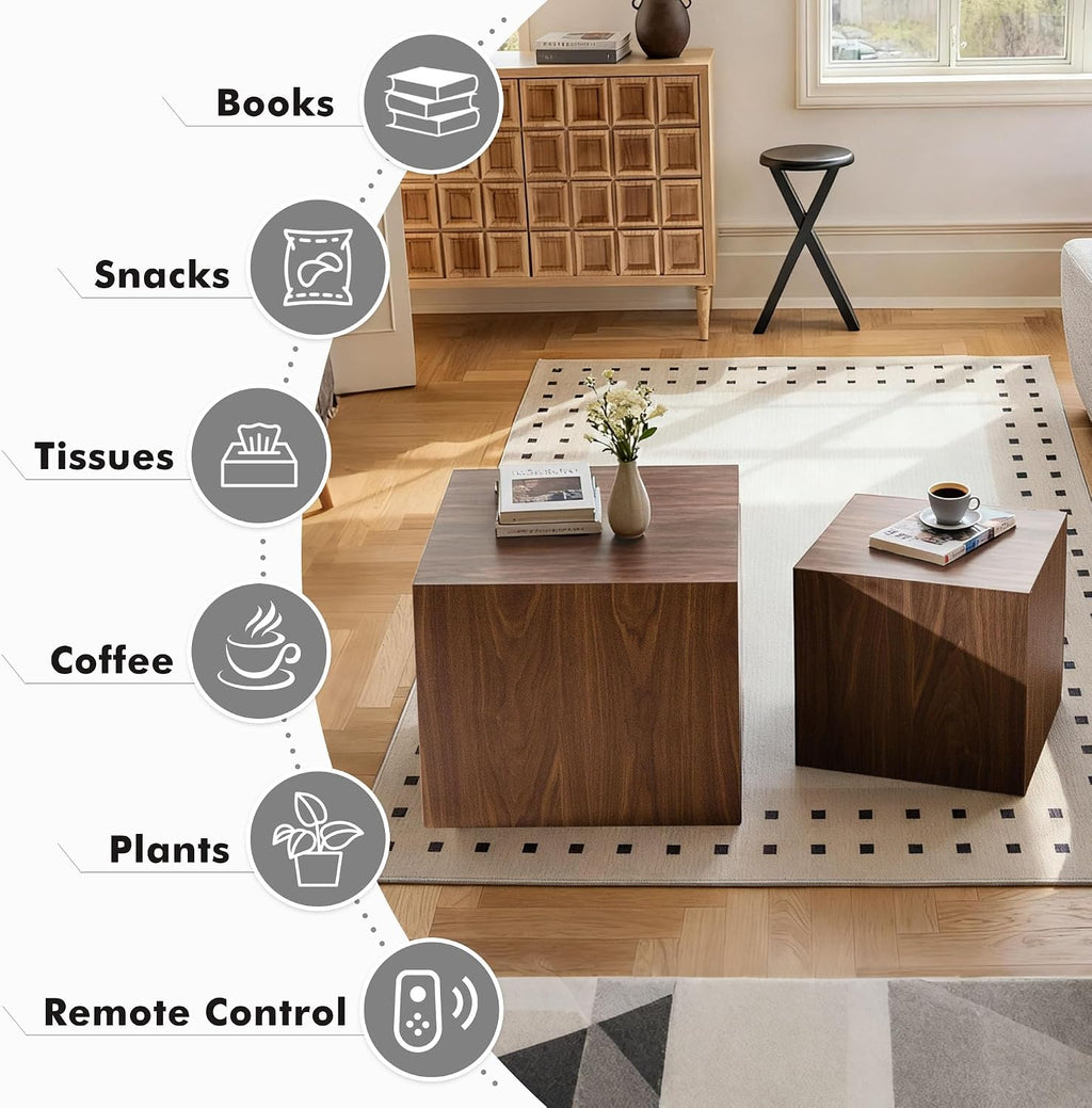 Square Nesting Tables for Living Room, Set of 2, Wood Nesting Coffee Table Walnut Veneer Mid Century Modern Small Accent Center End and Side Table Sets for Farmhouse Apartment Office